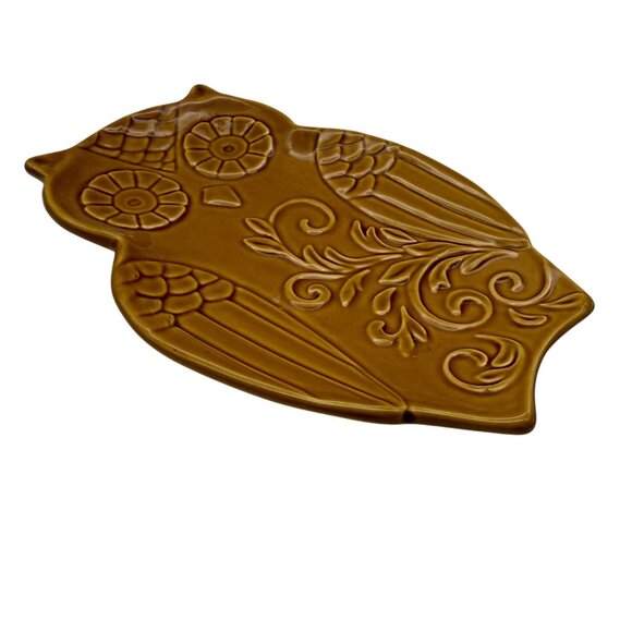 Dutch Wax Ceramic Owl Decorative Plate Handpainted Boho Kitchen Harvest Gold 8" - Picture 7 of 10